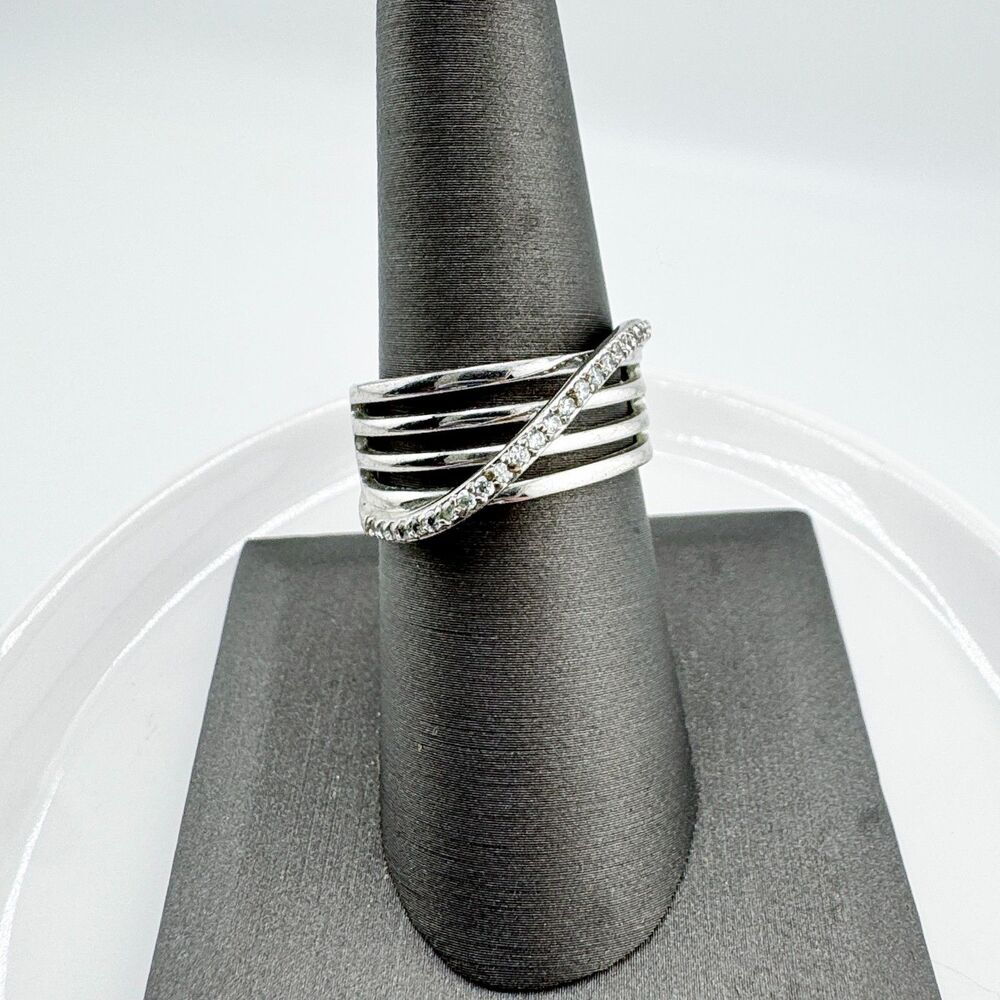 Vintage ALT China Silver Tone Multi Band Ring Clear Crystal Crossover Modern - Picture 8 of 10